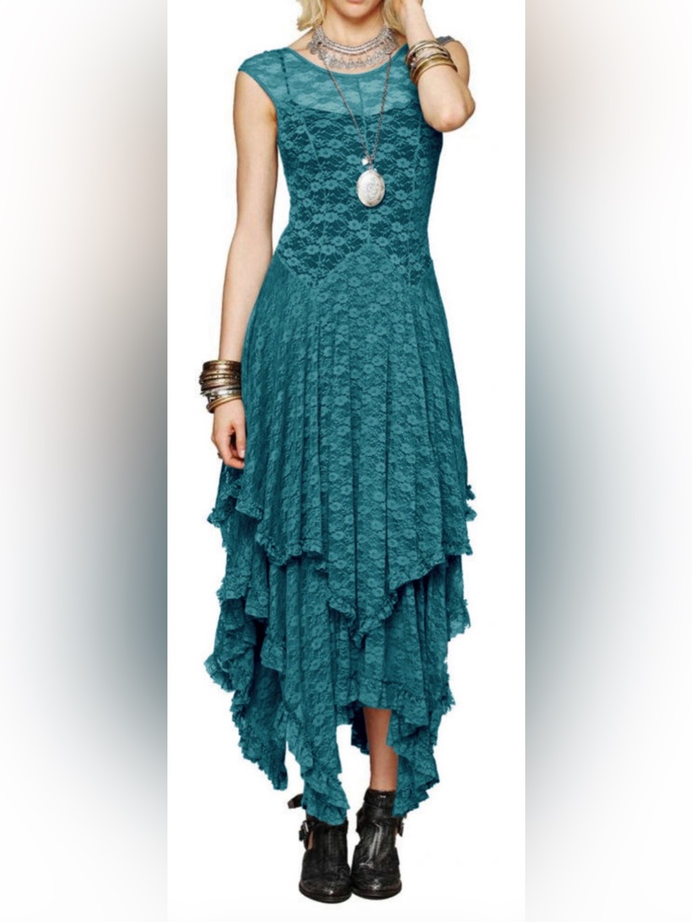 Teal Lace Asymmetrical V-Neck Dress